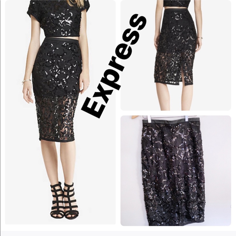 Express Lace Sequin Midi Pencil Skirt Size 4